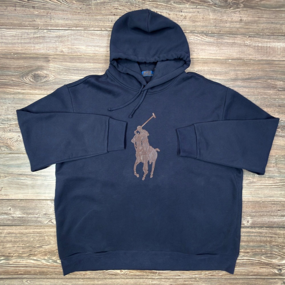 Polo Ralph Lauren Mens Size 2XB Hoodie Navy Blue Leather Big Pony Logo